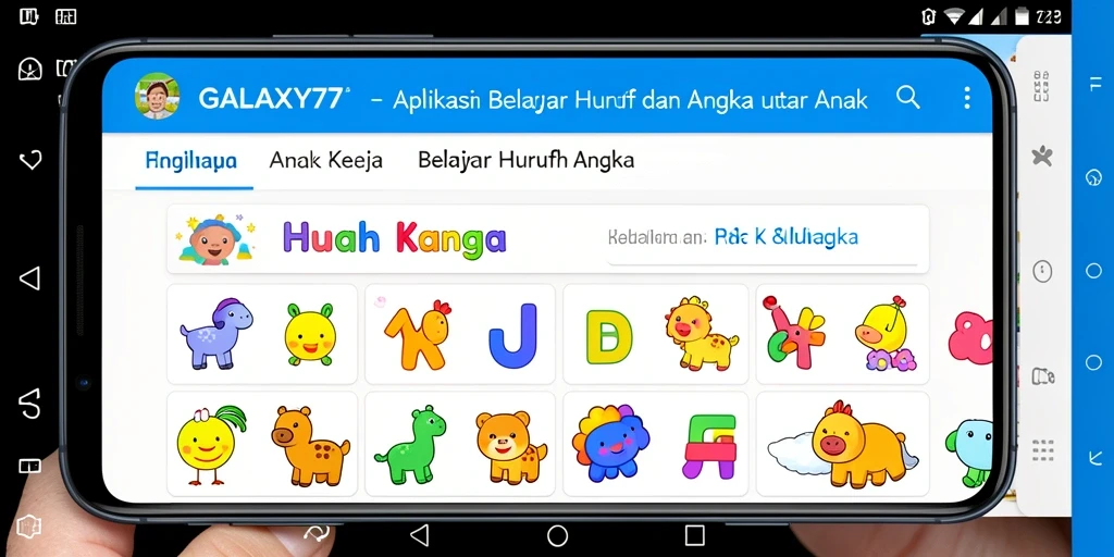 Antarmuka GALAXY77 yang interaktif untuk belajar huruf dan angka.