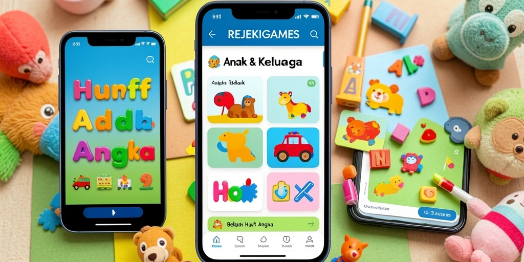 Tampilan antarmuka aplikasi REJEKIGAMES untuk belajar huruf dan angka.